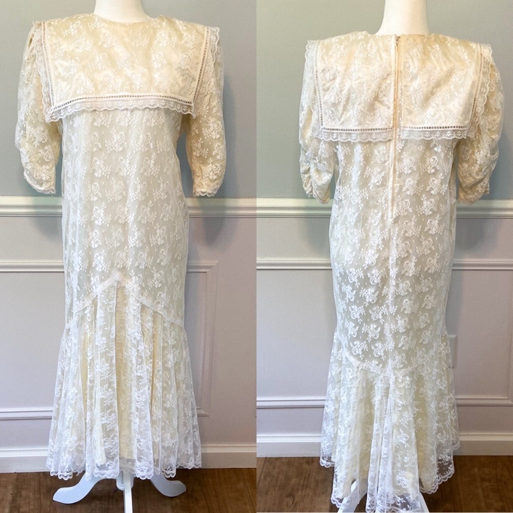 Jessica McClintock Gunne Sax Drop Waist Dress Lace Overlay Prairie Bridal Size 8